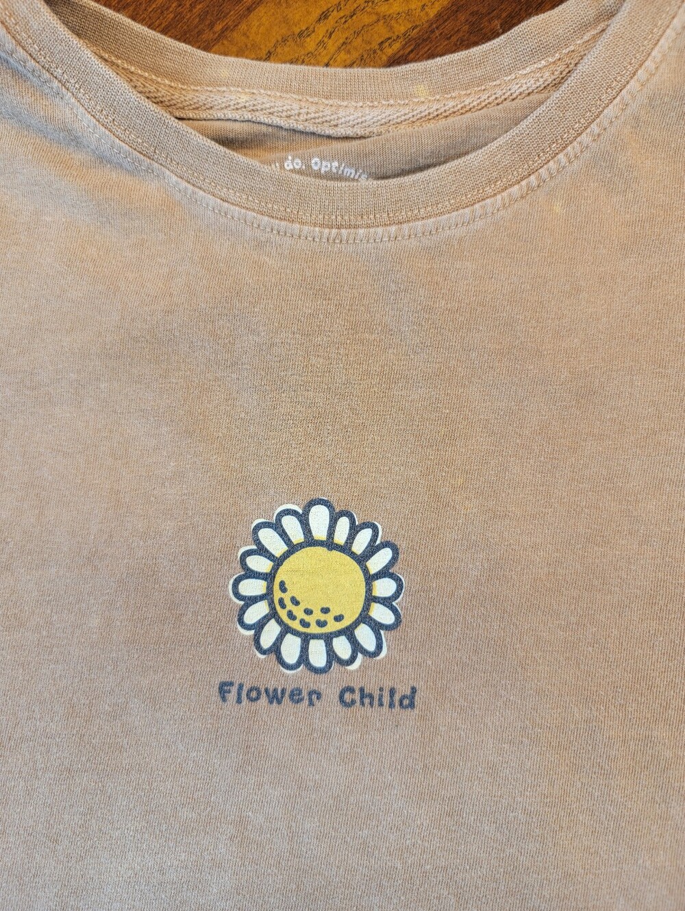 Life Is Good "Flower Child" Tan Women's T-Shirt with Yellow Daisy Graphic